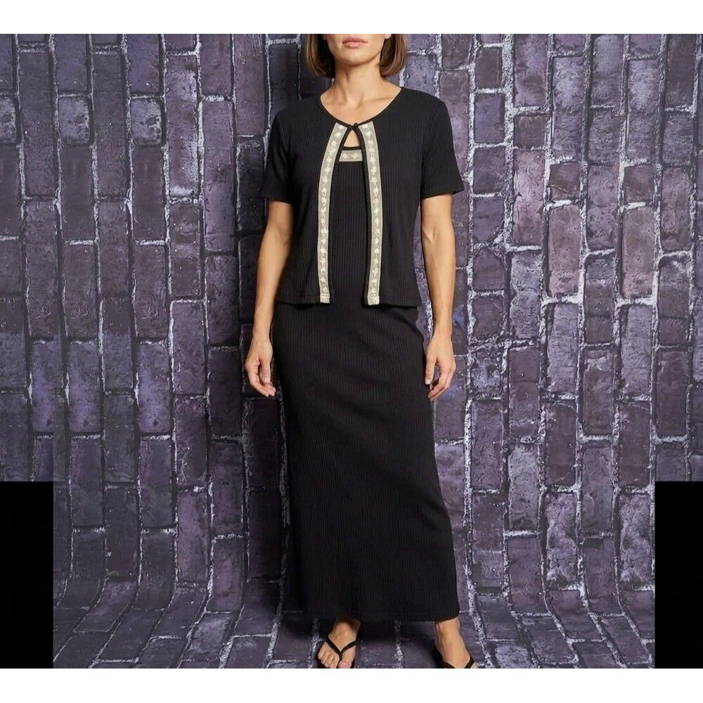 BIZZIT Collection Maxi Dress Women's Size L Black Short Sleeve Floral Lace Trim